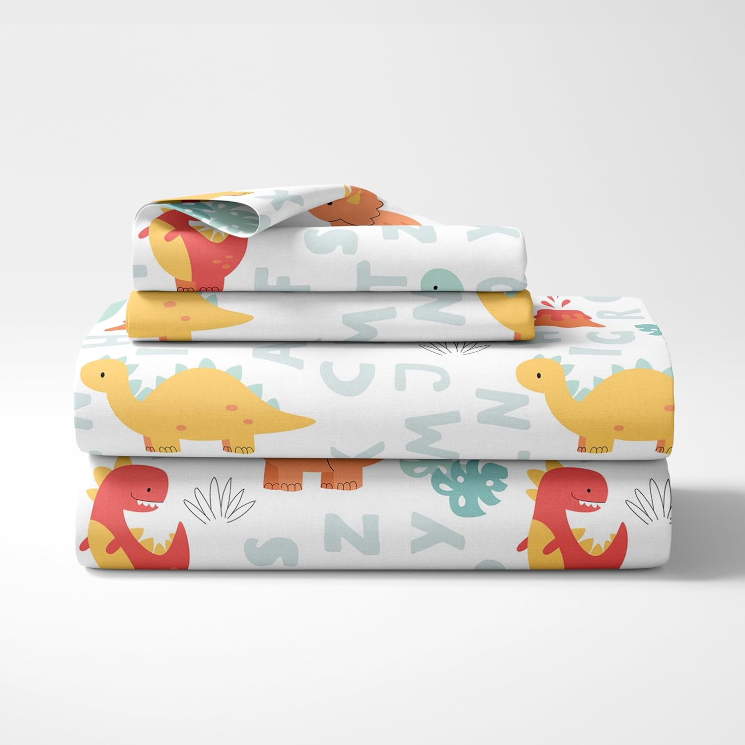 Orange & Mint Alphabet Dino Play Soft & Breathable 100% Cotton Flat King Bedsheet, 144 TC