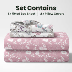 Pink Floral 100% Cotton Double Fitted Bedsheet with Pillow Covers, 144 TC, 78 x 60 Inches
