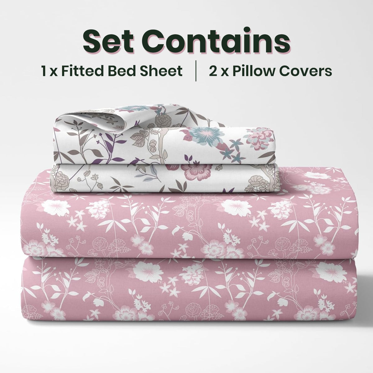 Pink Floral 100% Cotton Double Fitted Bedsheet with Pillow Covers, 144 TC, 78 x 60 Inches