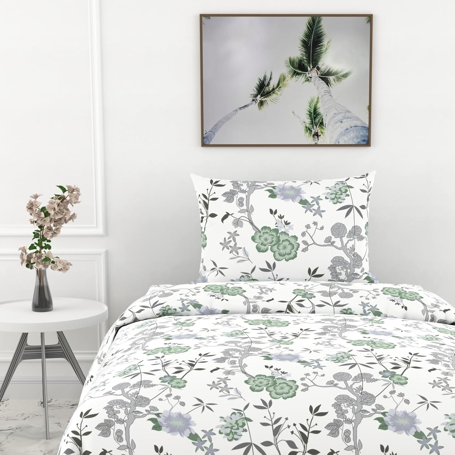 Sage Green & Silver Blooms Soft & Breathable 100% Cotton Flat Single Bedsheet, 144 TC