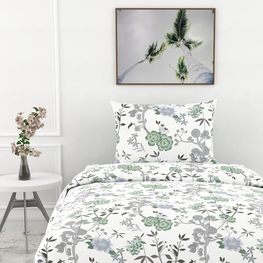 Sage Green & Silver Blooms Soft & Breathable 100% Cotton Flat Single Bedsheet, 144 TC