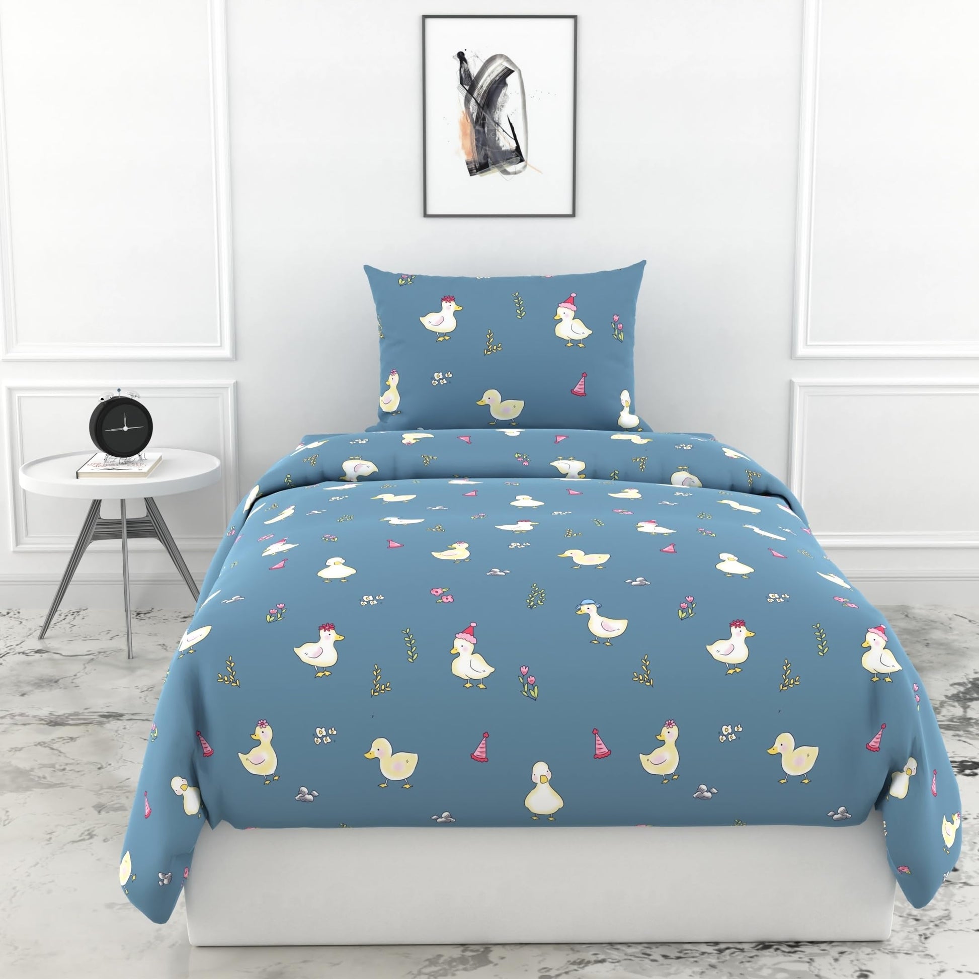 Loreto Cotton Single Bedsheet | Pastel Blue Duck Party 144 TC