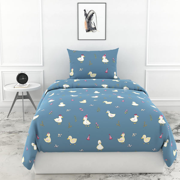 Loreto Cotton Single Bedsheet | Pastel Blue Duck Party 144 TC