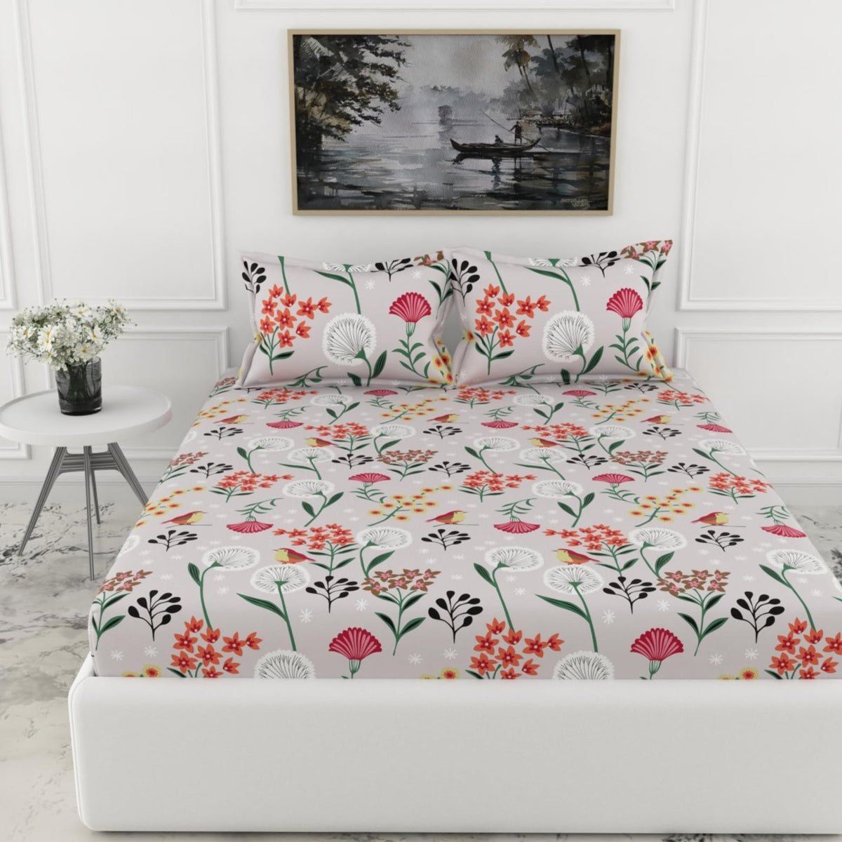Loreto Lavender Grey Spring Harmony King Fitted Bedsheet | 144 TC | 100% Cotton | Fits 72 x 72 Inches | 8 Inch Pocket - main product image