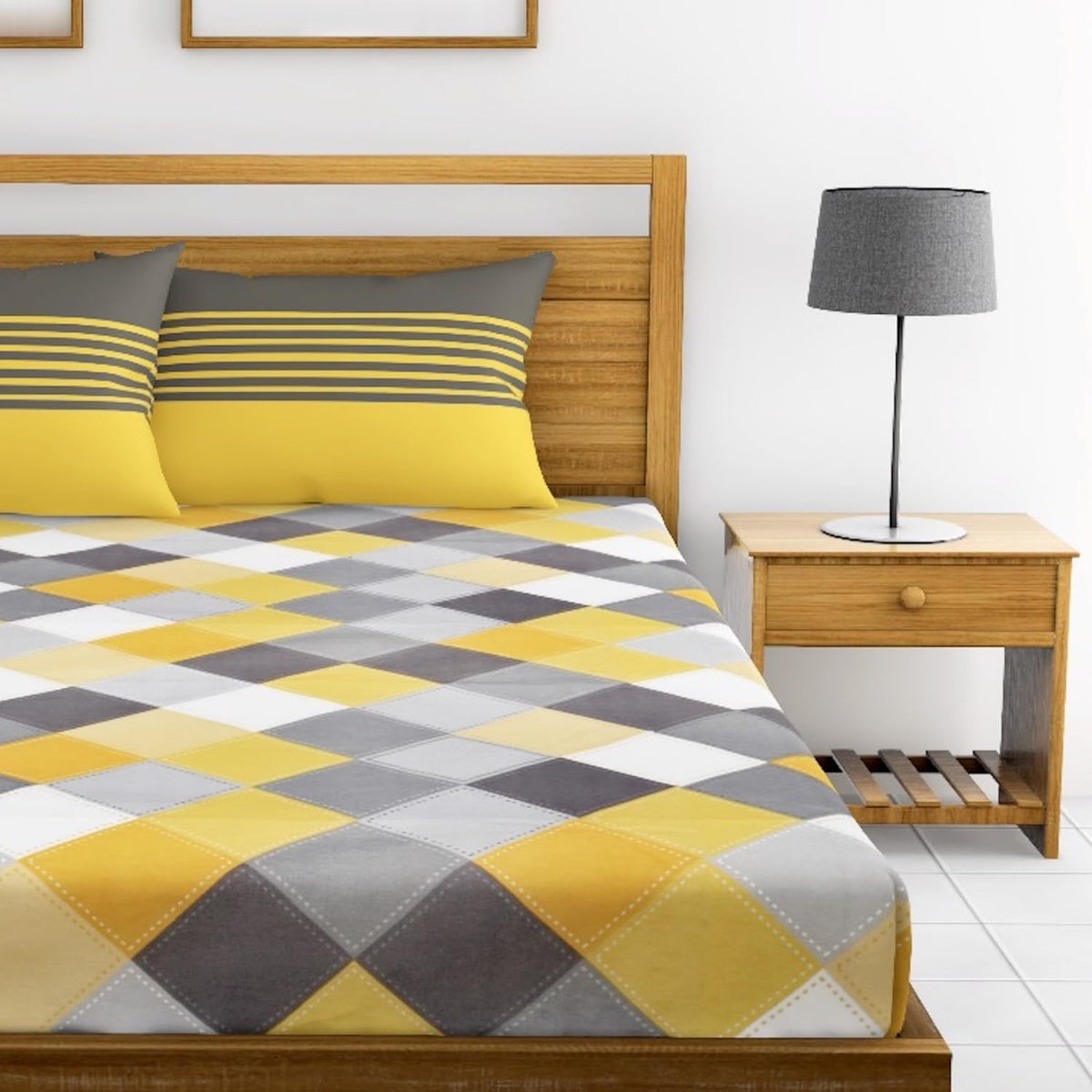 Yellow & Grey Checkered 100% Cotton Flat King Bedsheet, 144 TC
