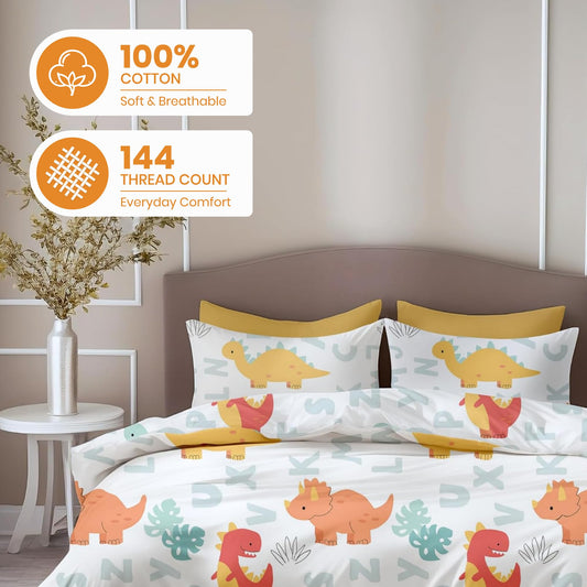Orange & Mint Alphabet Dino Play Soft & Breathable 100% Cotton Flat Double Bedsheet, 144 TC