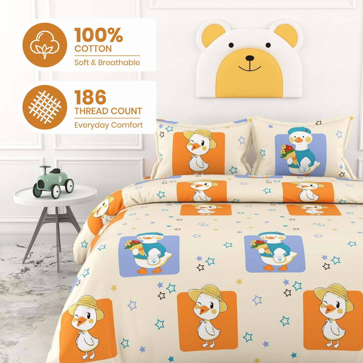 Playful Ducks 186 TC Cotton King Size Bedsheet with 2 Pillow Covers - Soft, Durable & Gift-Ready (108 x 108 Inches)