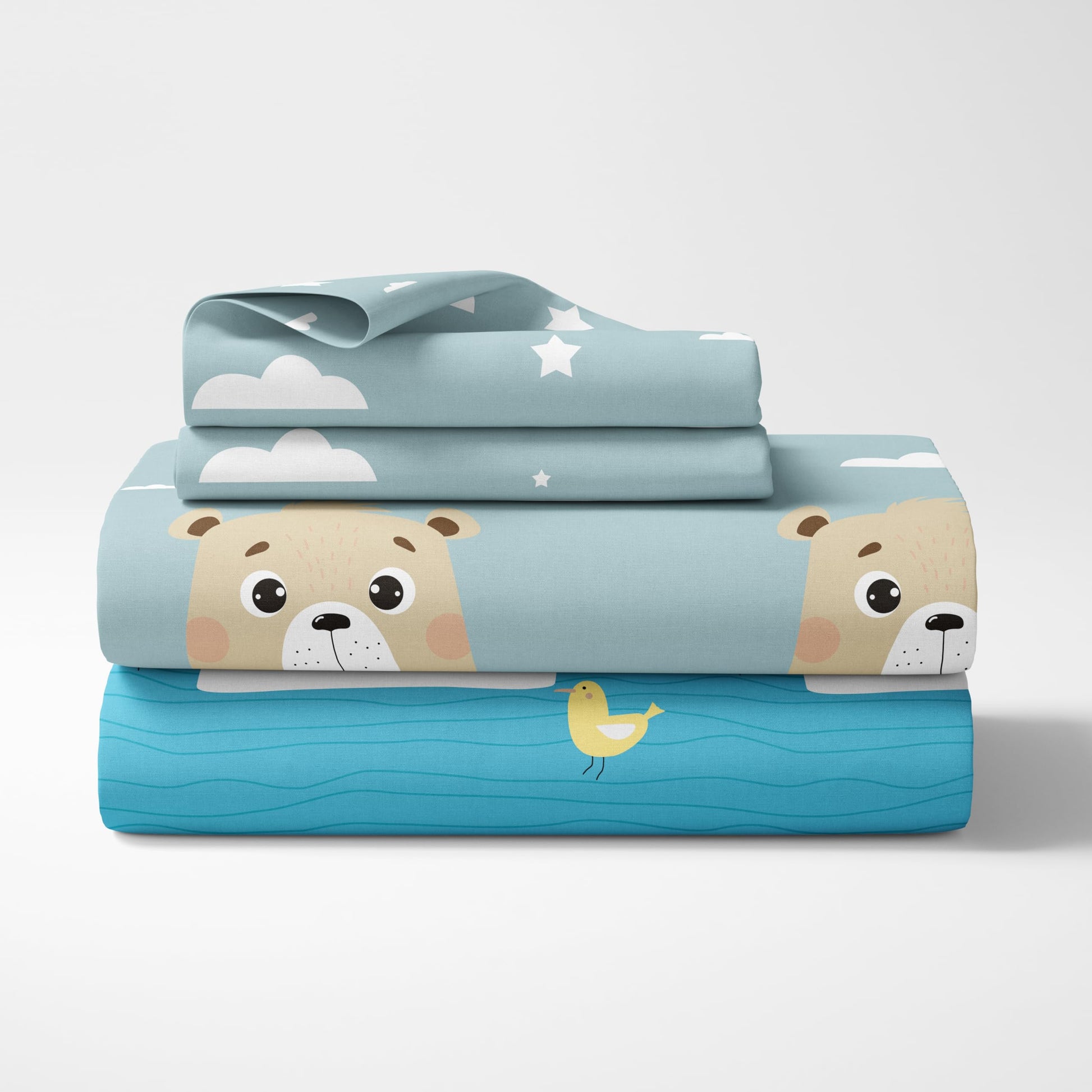 Aqua Blue Bear & Duck Parade 186 TC Cotton Double Bedsheet, 90 x 90 Inches — Soft Percale Weave with 2 Pillow Covers, Durable & Breathable