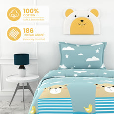 Bear & Duck 100% Cotton Bedsheet for Single Bed | 186 TC Percale Weave Soft & Durable Flat Sheet with Pillow Cover | 58 x 88 Inches