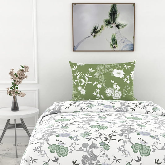Sage Green Floral Harmony Soft & Breathable 100% Cotton Flat Single Bedsheet, 144 TC
