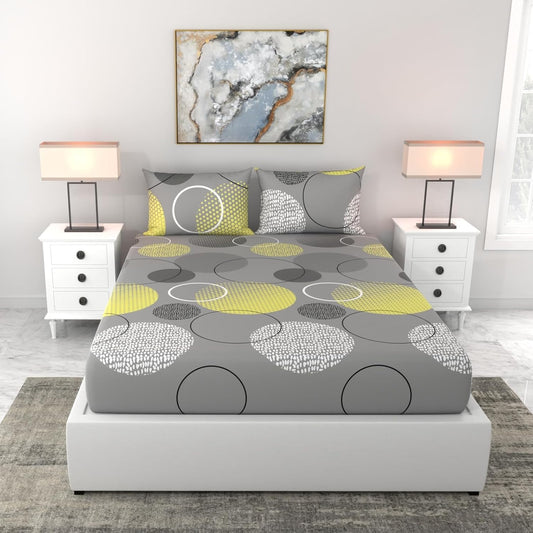 Geometric Grey & Yellow 100% Cotton Flat Double Bedsheet, 144 TC