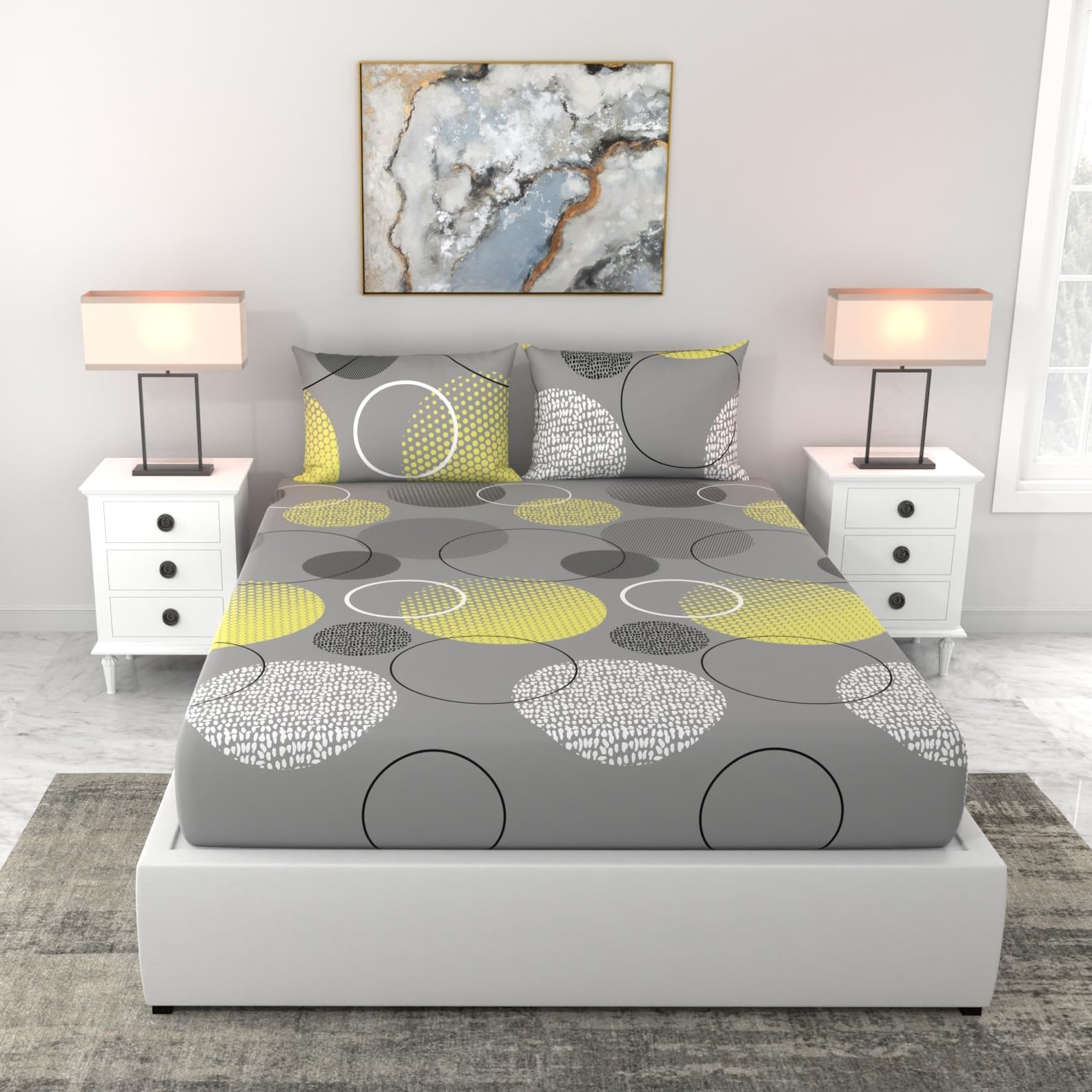 Grey & Yellow Geometric 100% Cotton Flat Double Bedsheet, 144 TC, 88 x 90 Inches