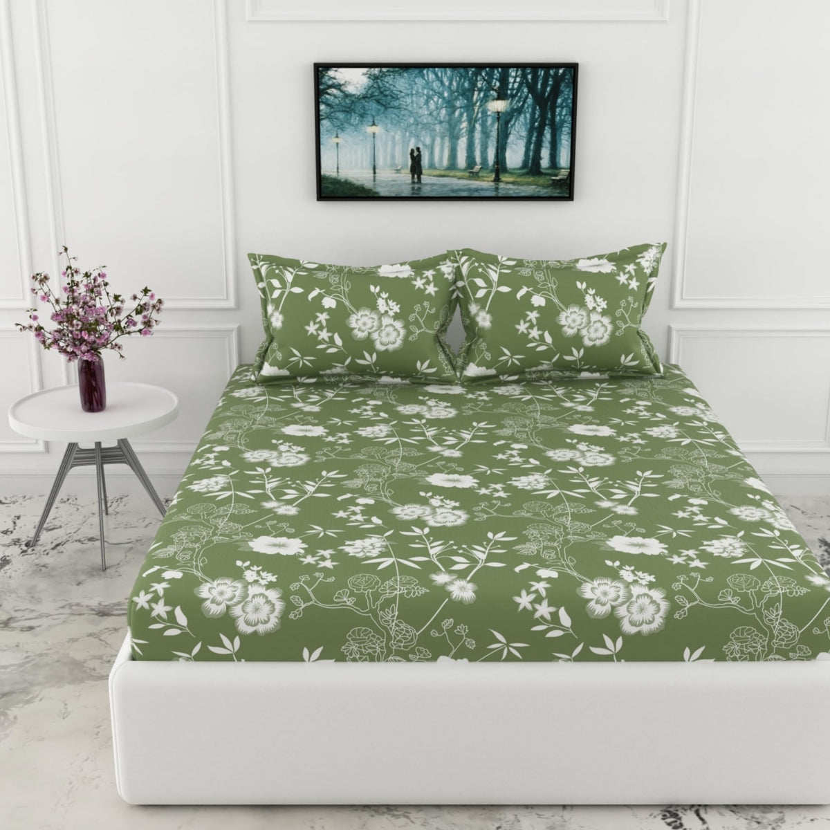 Loreto Olive Green Floral Whisper King Fitted Bedsheet | 144 TC | 100% Cotton | Fits 72 x 72 Inches | 8 Inch Pocket - main product image