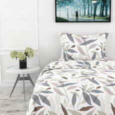 Grey Leaf Whisper Single Bedsheet - 210 TC 100% Cotton with 1 Pillow Cover (58 x 88 Inches)