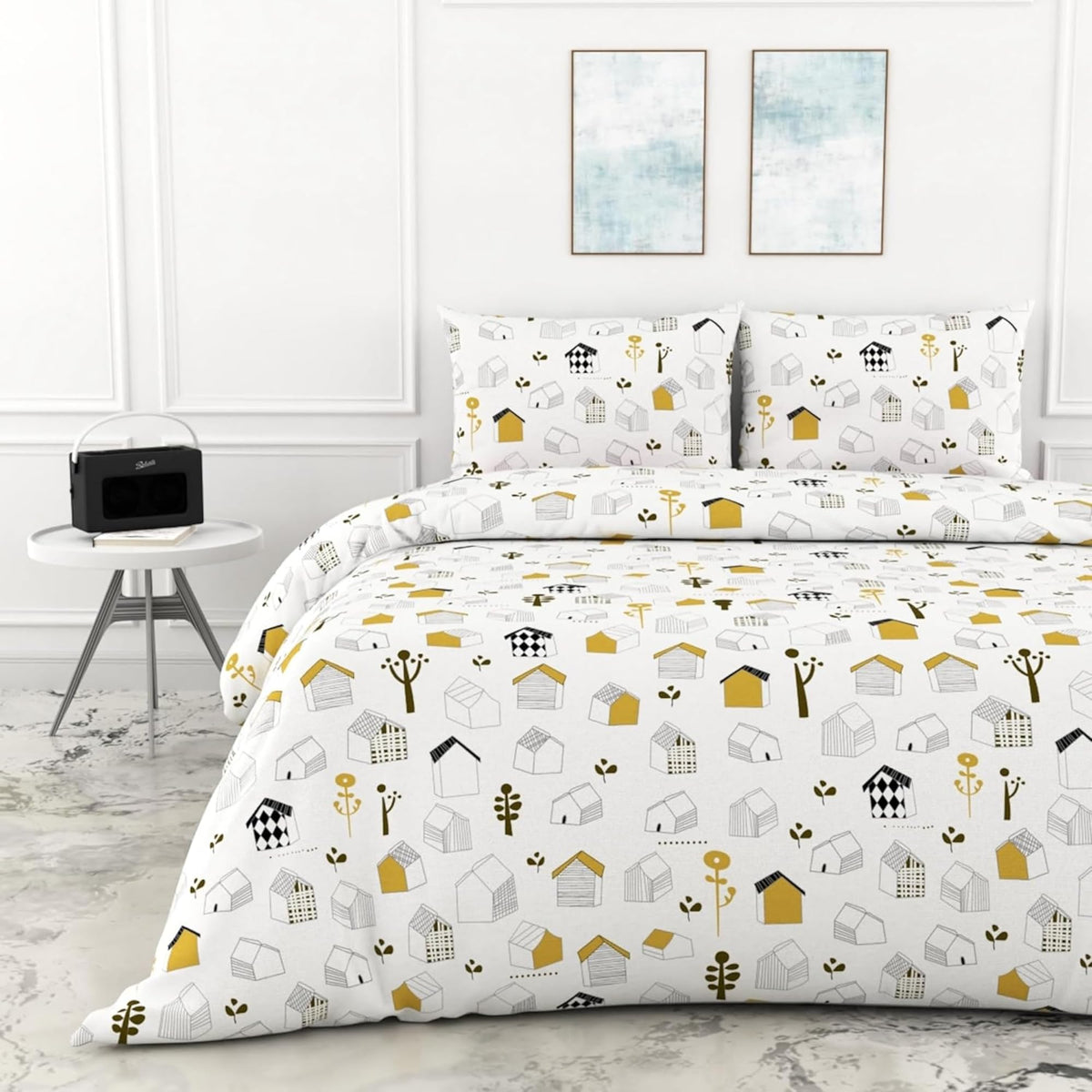 Loreto Cotton King Bedsheet | White Kids House Drawing Design Soft & Breathable