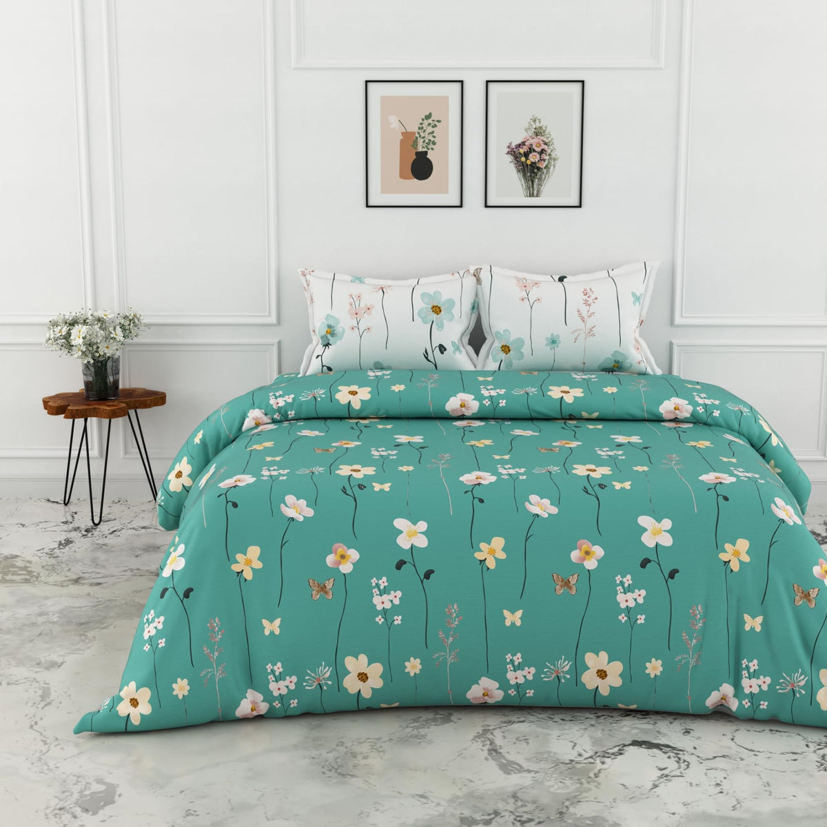 Loreto Teal Floral Blooms & Floral Vines Double Bedsheet | 144 TC | 100% Cotton | 88 x 90 Inches - main product image