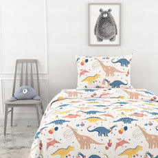 Coral Blue Dino Party Soft & Breathable 100% Cotton Flat Single Bedsheet, 144 TC