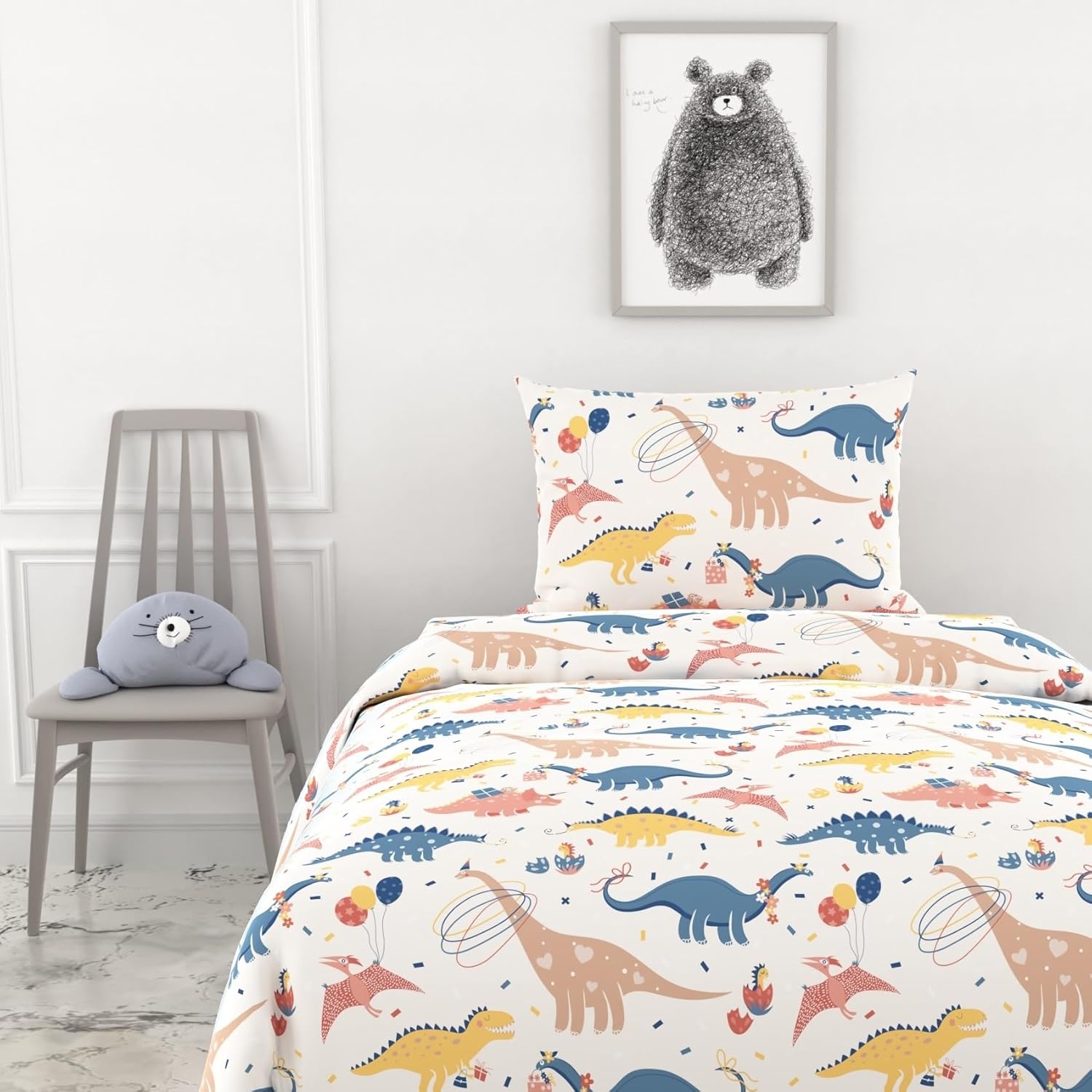 Coral Blue Dino Party Soft & Breathable 100% Cotton Flat Single Bedsheet, 144 TC