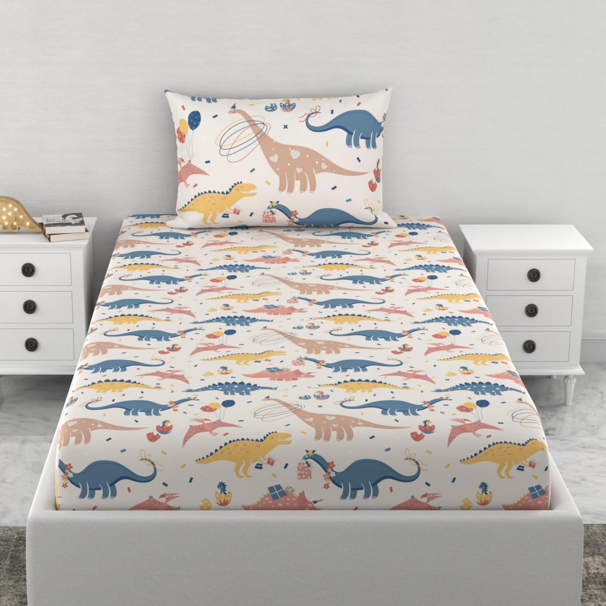 Loreto Coral Blue Dino Party Single Fitted Bedsheet | 144 TC | 100% Cotton | Fits 72 x 36 Inches | 8 Inch Pocket - main product image