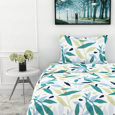 Green Leaf Whisper Single Bedsheet - 210 TC 100% Cotton with 1 Pillow Cover (58 x 88 Inches)