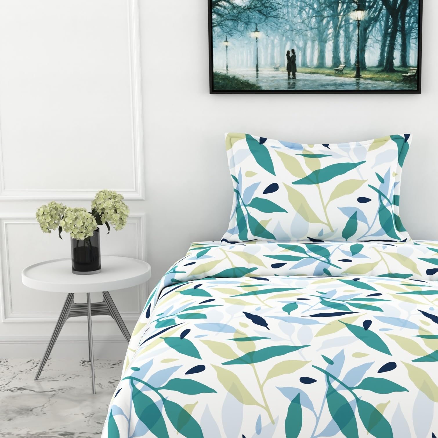 Green Leaf Whisper Single Bedsheet - 210 TC 100% Cotton with 1 Pillow Cover (58 x 88 Inches)
