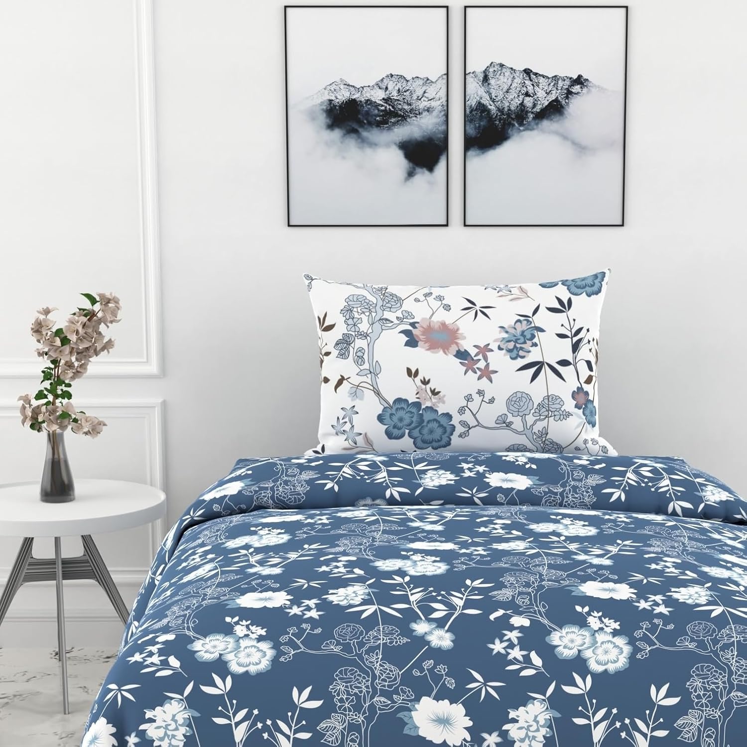 Blush Blue Floral Vines Soft & Breathable 100% Cotton Flat Single Bedsheet, 144 TC