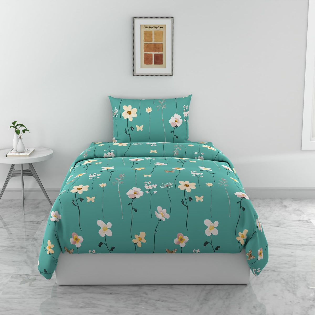 Loreto Teal Floral Blooms Single Bedsheet | 144 TC | 100% Cotton | 54 x 84 Inches - main product image