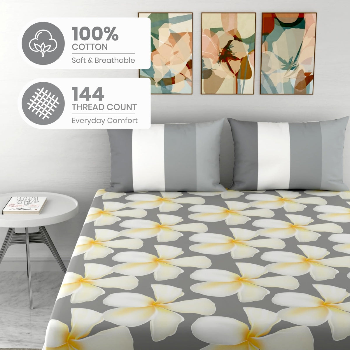 White and Grey 100% Cotton Flat King Bedsheet, 144 TC