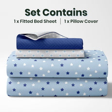 Nile Blue Stars 144 TC 100% Cotton Elastic Fitted Single Bedsheet with 1 Pillow Cover - 78 x 36 Inches