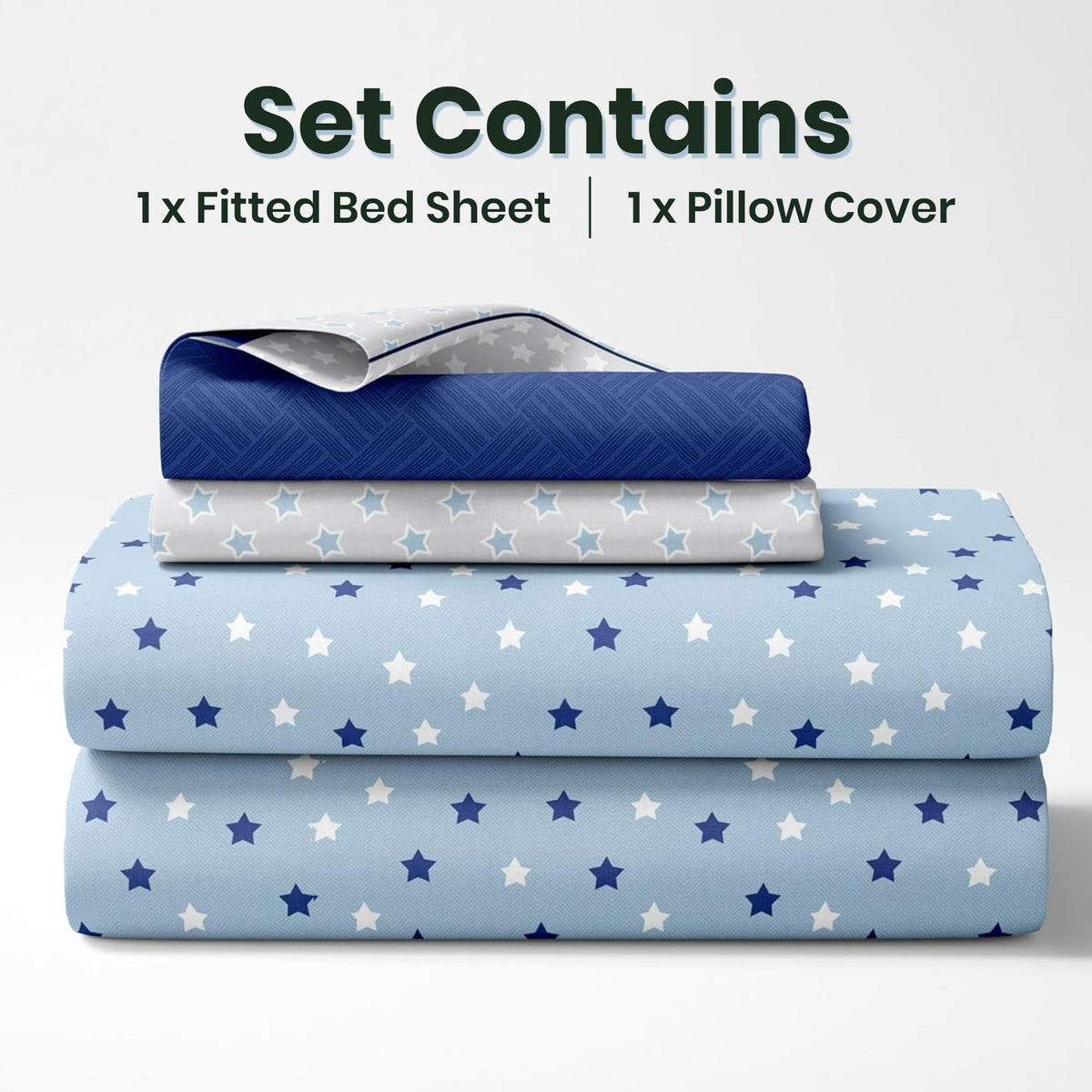 Nile Blue Stars 144 TC 100% Cotton Elastic Fitted Single Bedsheet with 1 Pillow Cover - 78 x 36 Inches
