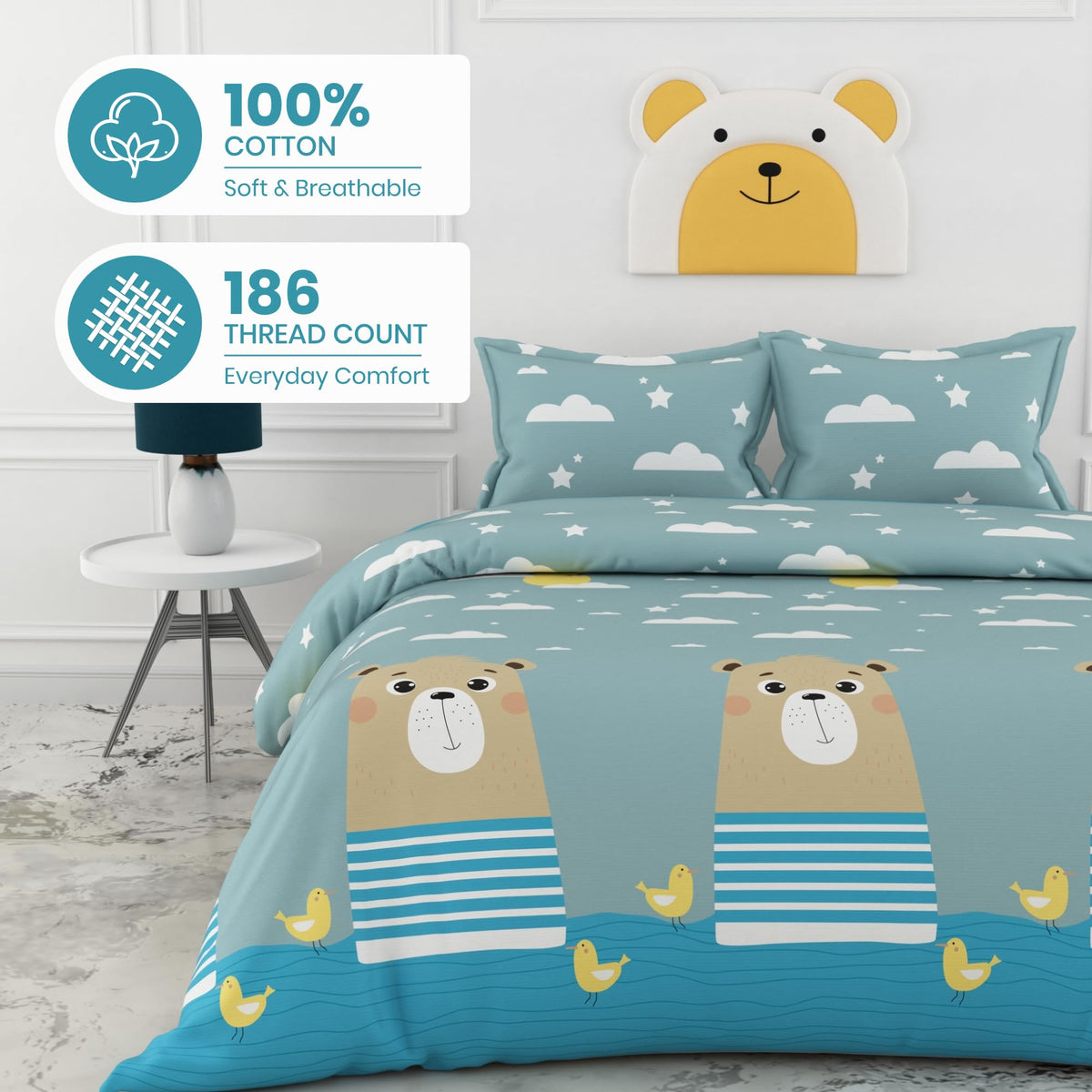 Bear & Duck 186 TC Cotton King Size Bedsheet with 2 Pillow Covers - Soft, Durable & Gift-Ready (108 x 108 Inches)