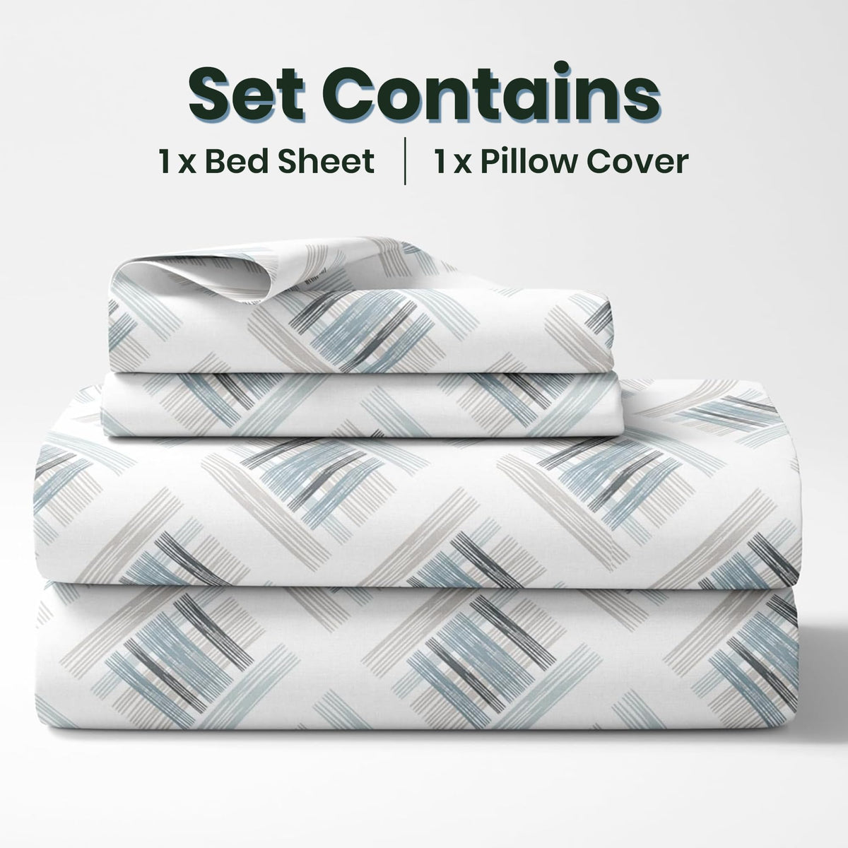 Mist & Charcoal Grid 100% Pure Cotton Bedsheet for Single Bed | 186 TC Soft & Breathable Flat Sheet with Pillow Cover | 58 x 88 Inches