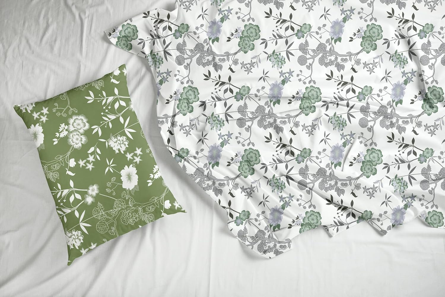 Sage Green Floral Harmony Soft & Breathable 100% Cotton Flat Double Bedsheet, 144 TC