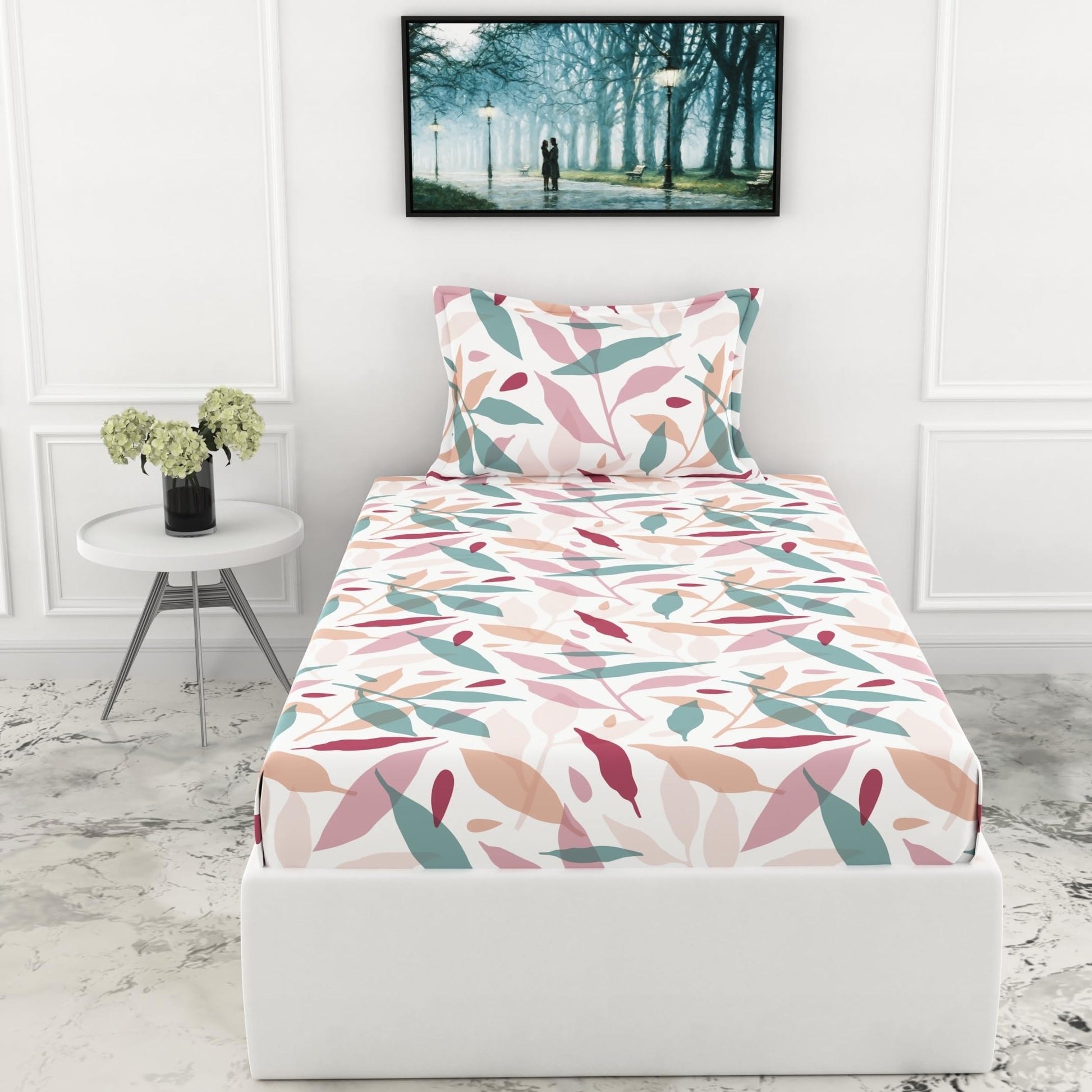 Pink Leaf Whisper Single Bedsheet - 210 TC 100% Cotton with 1 Pillow Cover (58 x 88 Inches)