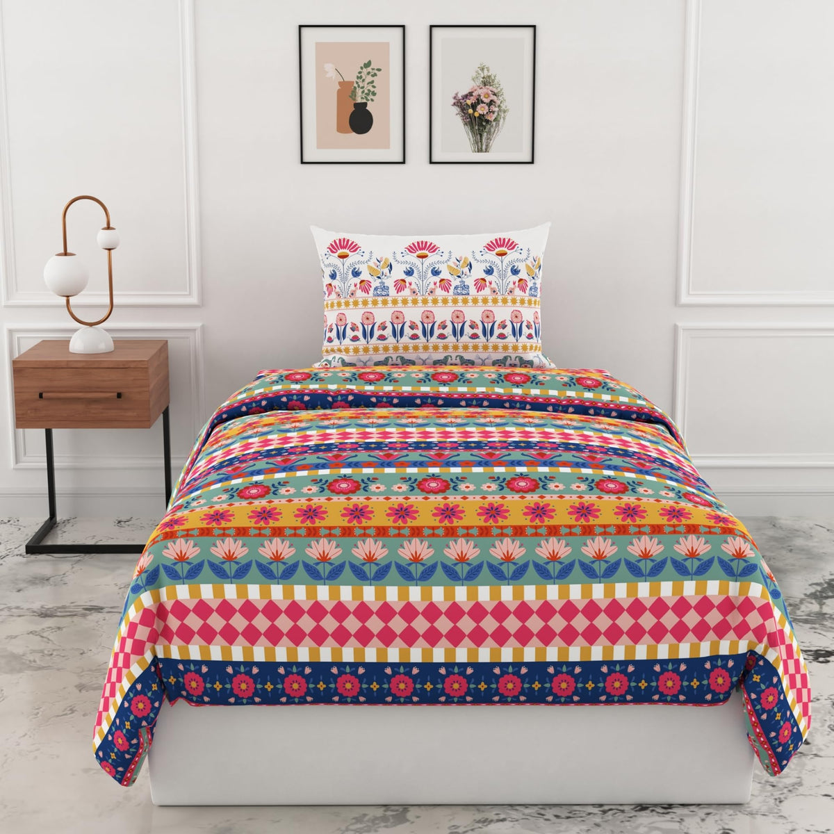 Loreto Multicolor Folk Floral Stripes Single Bedsheet | 186 TC | 100% Cotton | 58 x 88 Inches - main product image