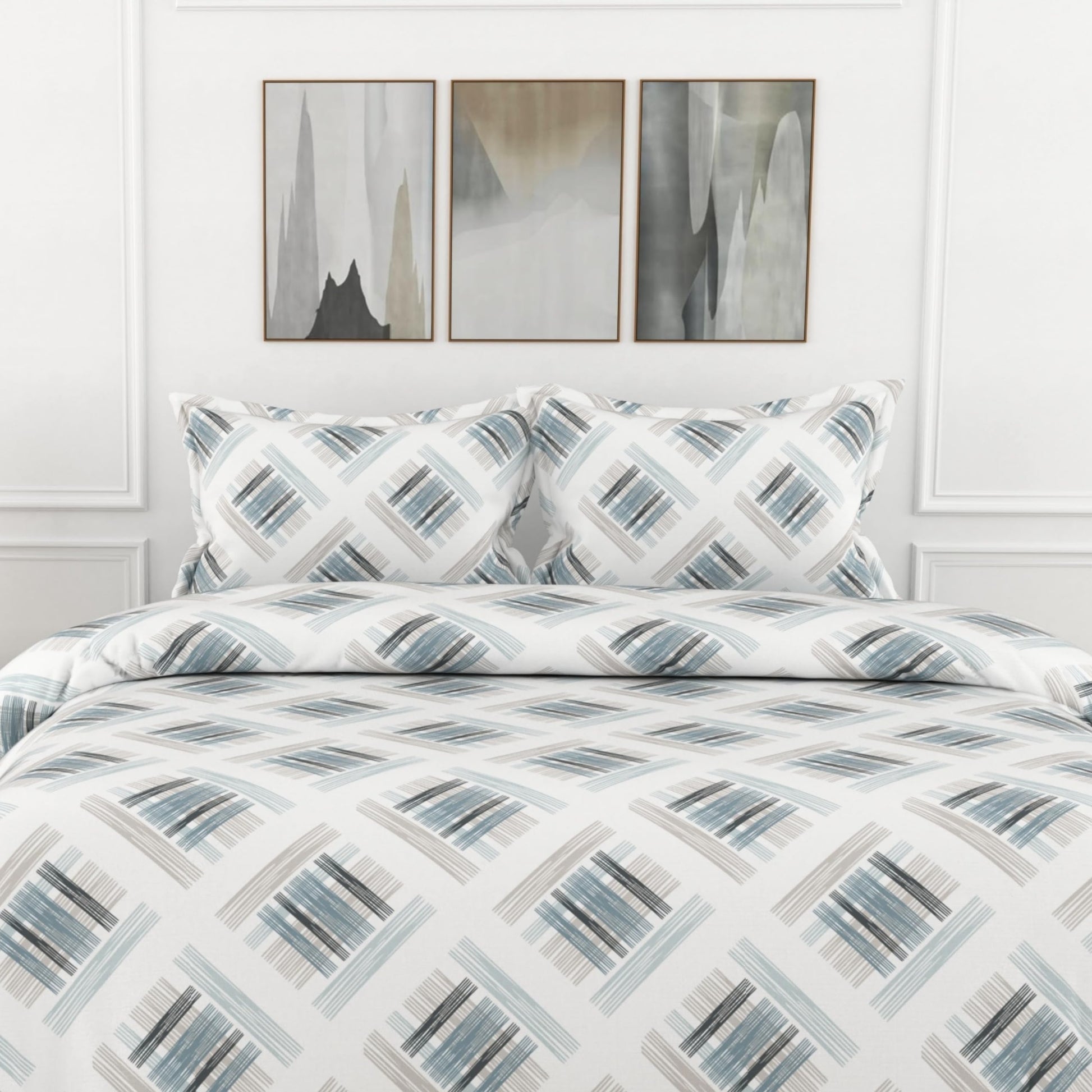 Mist & Charcoal Grid 100% Pure Cotton Double Bedsheet with 2 Pillow Covers, 186 TC, 90 x 108 Inches - Soft & Breathable