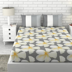 Loreto Cotton Double Bedsheet | Floral White & Grey