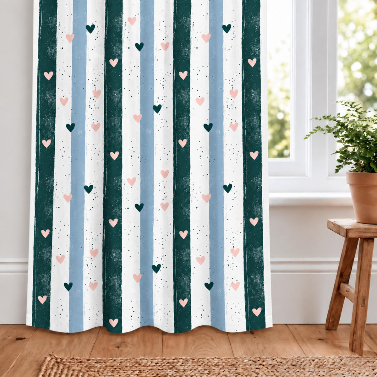 Loreto Teal Pink Heart Stripes Curtain | Set of 1 | 48 x 84 Inches - main product image