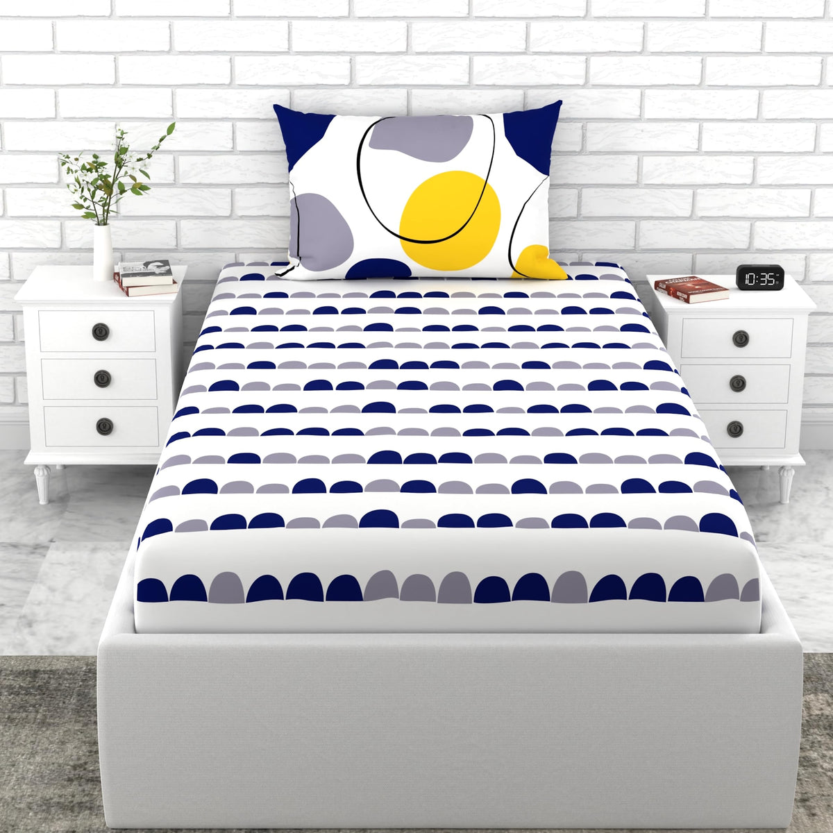 Loreto Blue and Grey Sribble Single Bedsheet | 144 TC | 100% Cotton - main product image