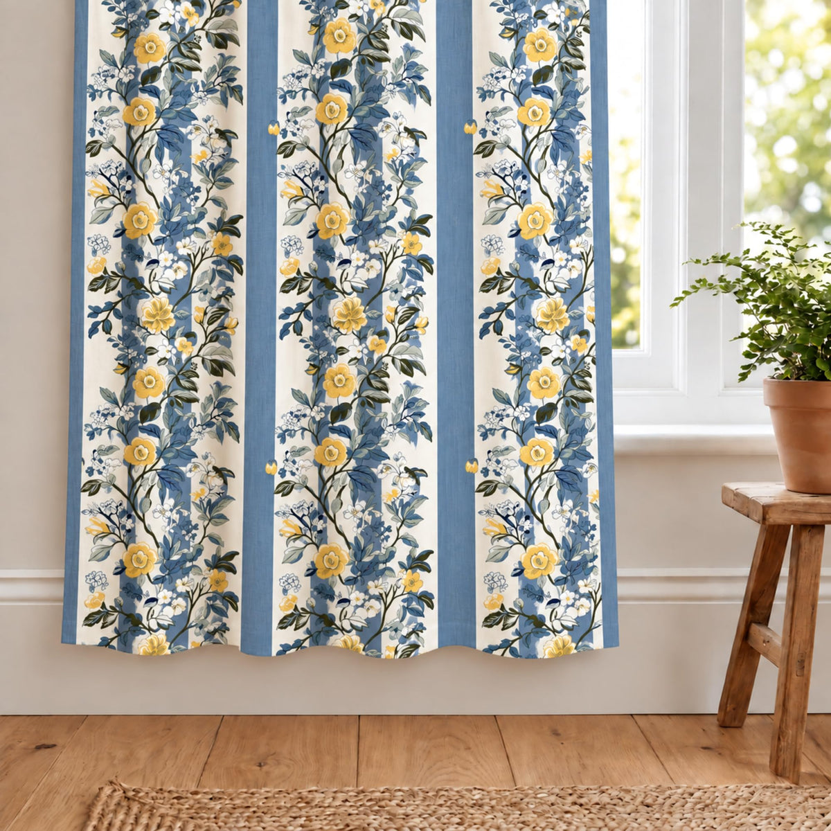 Loreto Navy Gold Floral Stripes Curtain | Set of 2 | 48 x 60 Inches - main product image