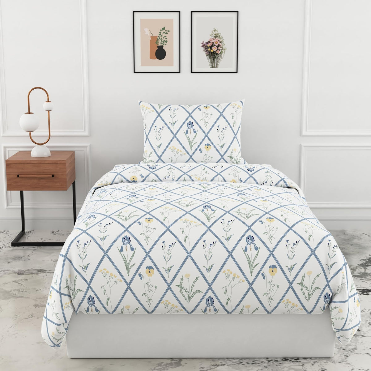 Loreto White Blue Diamond Floral Single Bedsheet | 186 TC | 100% Cotton | 58 x 88 Inches - main product image