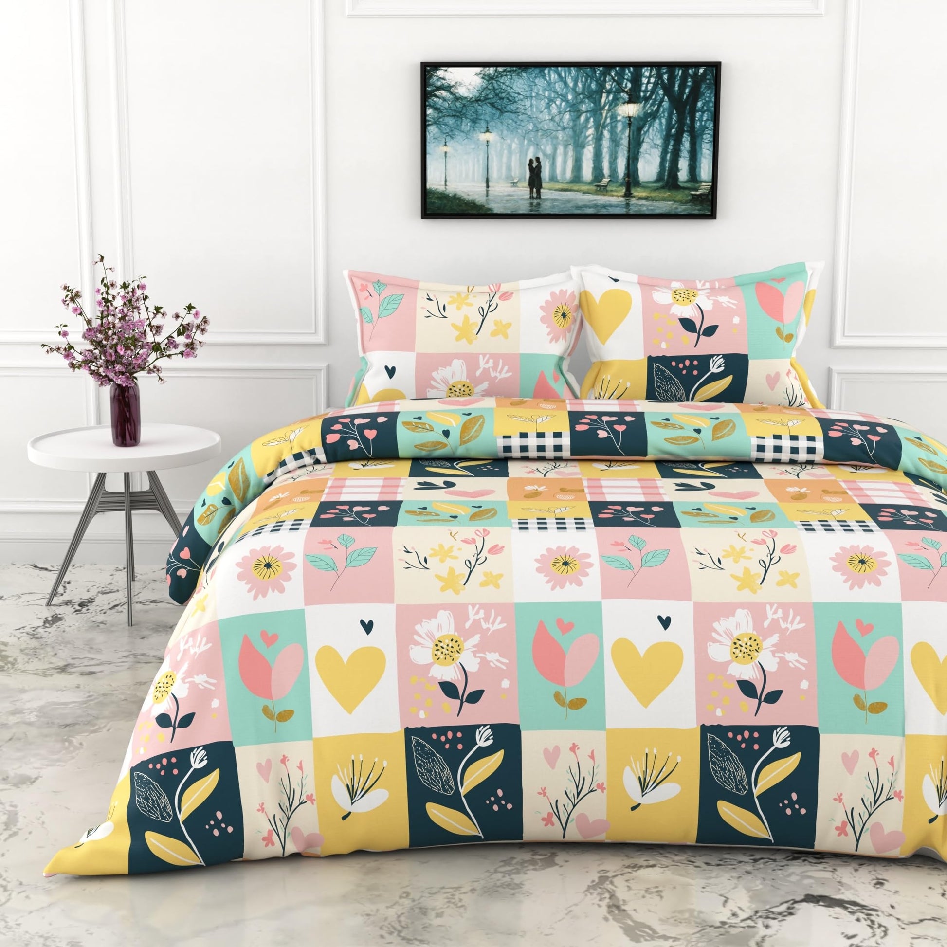 Pastel Garden on White Grid 186 TC Cotton Double Bedsheet, 90 x 90 Inches - Soft Percale Weave with 2 Pillow Covers, Durable & Breathable