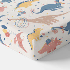 Coral Blue Dino Party 100% Cotton King Size Elastic Fitted Bedsheet with 2 Pillow Covers, 144 TC, 78 x 72 Inches