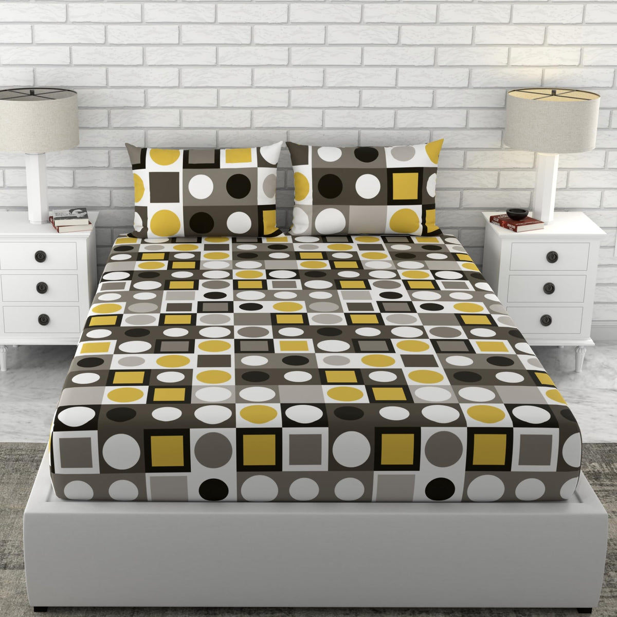 Loreto Forged Iron Grey & Lemon Zest Yellow King Fitted Bedsheet | 100% Cotton | Fits 72 x 72 Inches | 8 Inch Pocket - main product image