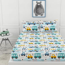 Blue Bus & Banana Yellow Cars 100% Cotton King Size Fitted Bedsheet 72 x 72 Inches with 2 Pillow Covers | Soft & Breathable 144 TC Fabric