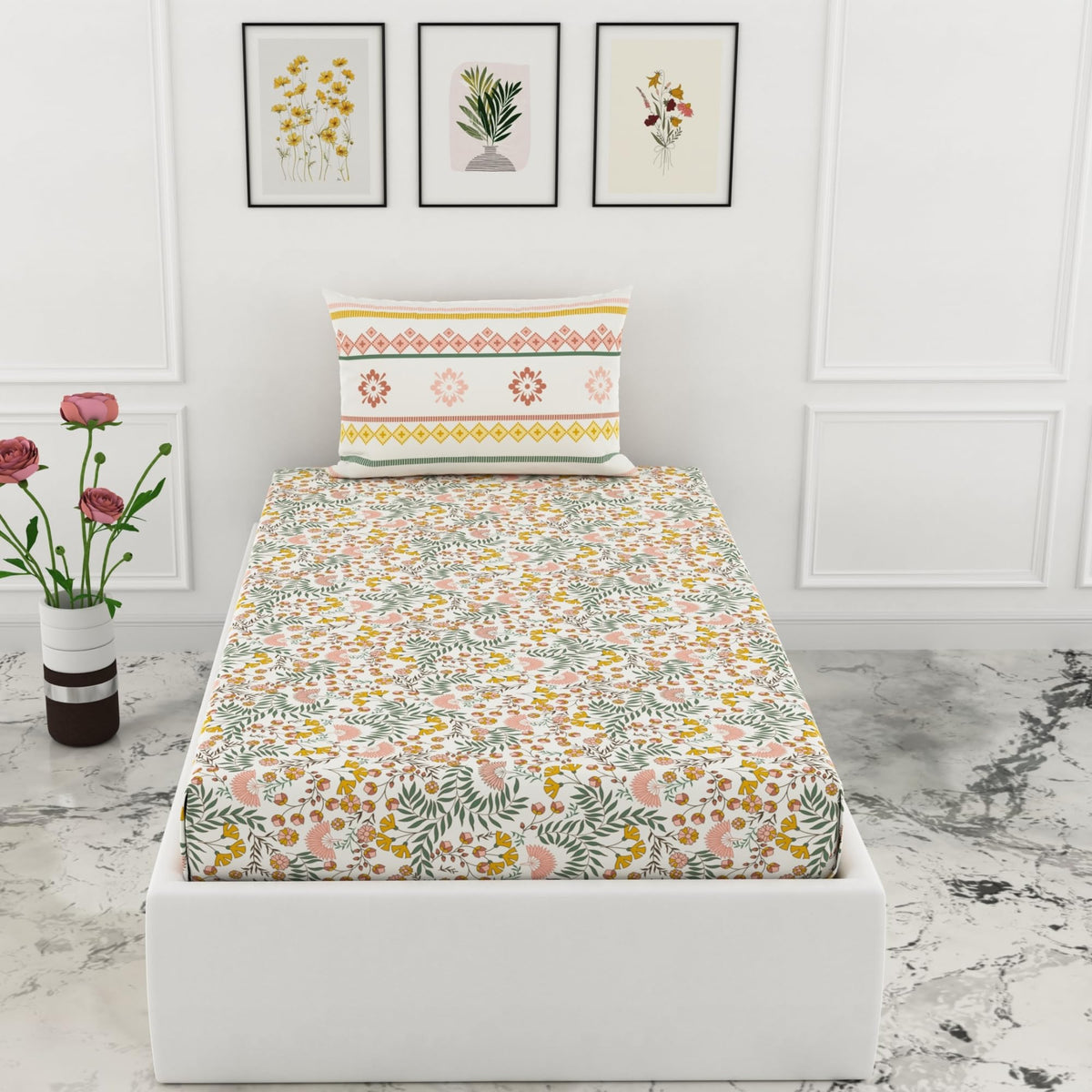 Loreto Ditsy Fresh Floral Single Fitted Bedsheet | 100% Cotton | Fits 72 x 36 Inches | 8 Inch Pocket - main product image