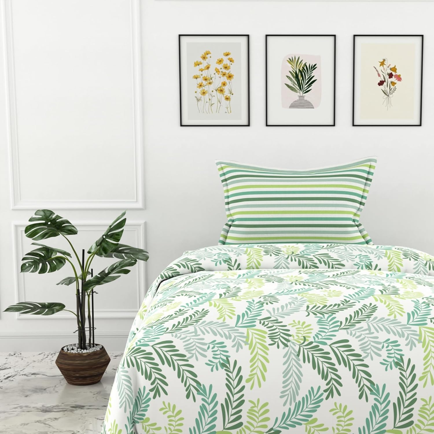 Green Leafy Haven 100% Cotton Flat Single Bedsheet, 144 TC