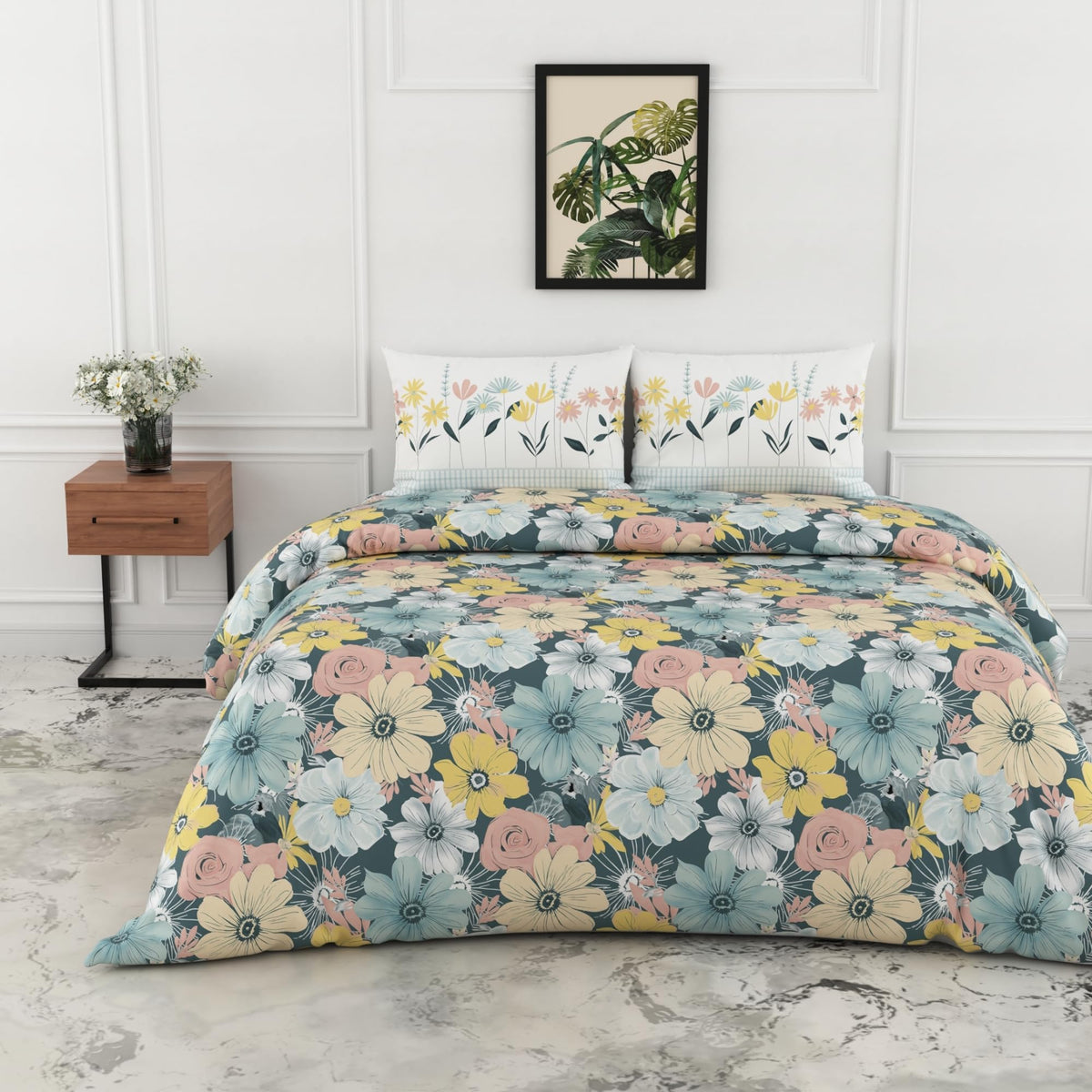 Loreto Dusty Teal Pastel Floral Double Bedsheet | 186 TC | 100% Cotton | 88 x 90 Inches - main product image