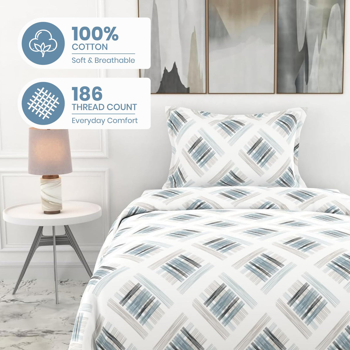 Mist & Charcoal Grid 100% Pure Cotton Bedsheet for Single Bed | 186 TC Soft & Breathable Flat Sheet with Pillow Cover | 58 x 88 Inches