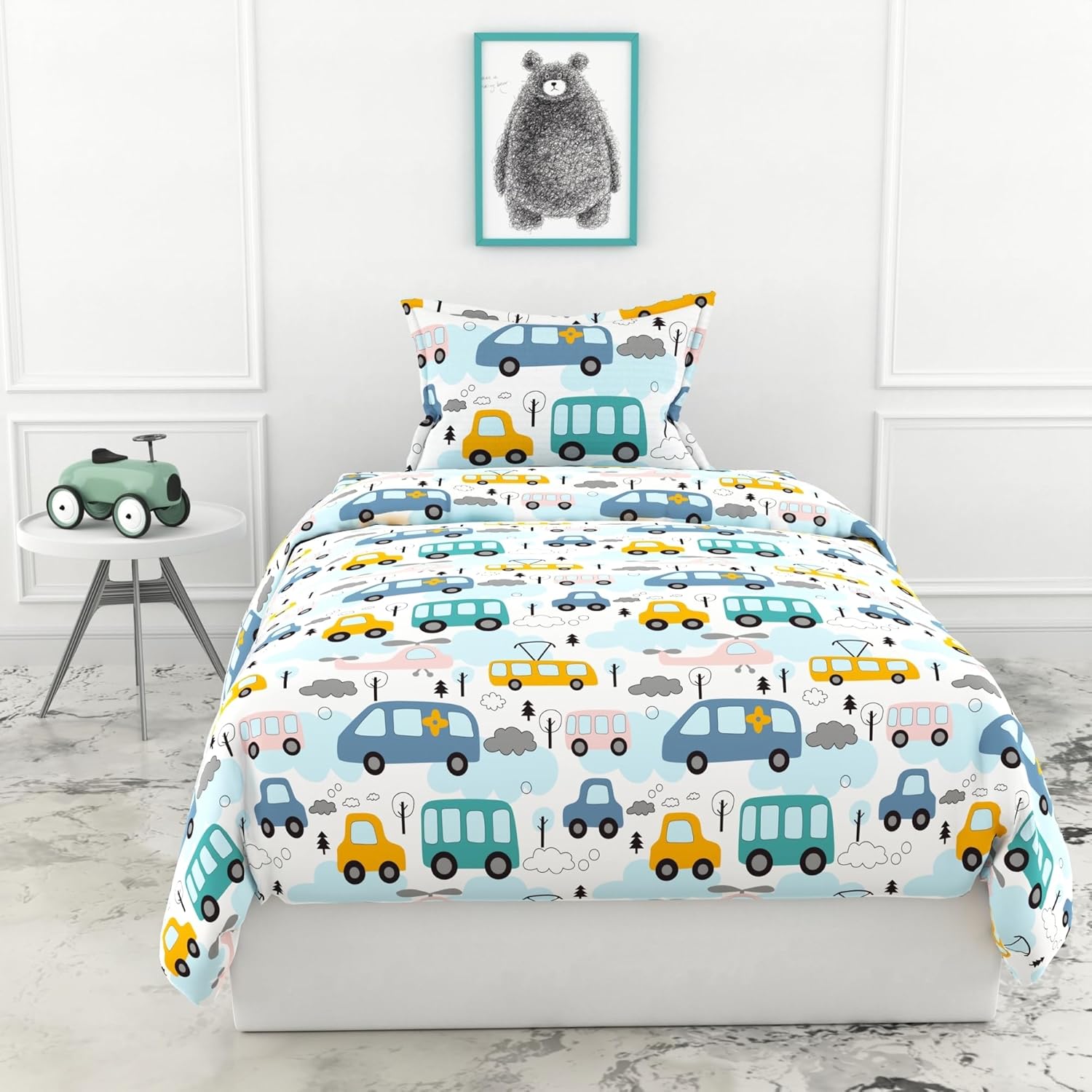 Loreto Cotton Single Bedsheet | Bubblegum Blue Bus & Banana Yellow Cars